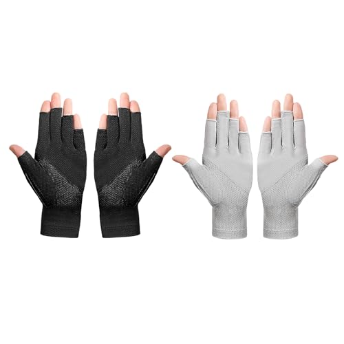 Lightweight Summer Fingerless Gloves Men Women UV Sun Protection Driving Cotton Gloves Nonslip Touchscreen Mittens - color: 2pairs-gray+solid Black