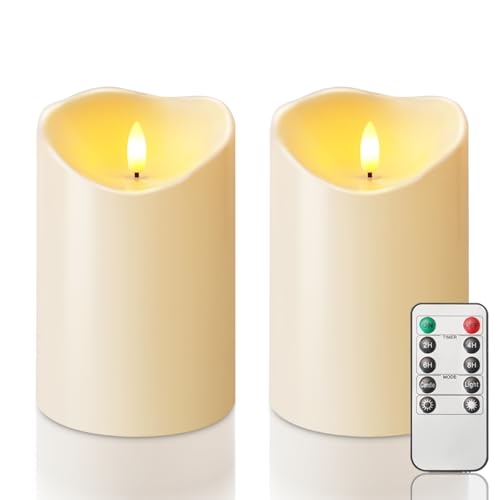Homemory 4"x6" Outdoor Waterproof Flameless Candles with Timers and Remote Control, Battery Operated Candles, LED Plastic Candles, Dark Ivory, Set of 2 - color: Dark Ivory, size: 4"x6"