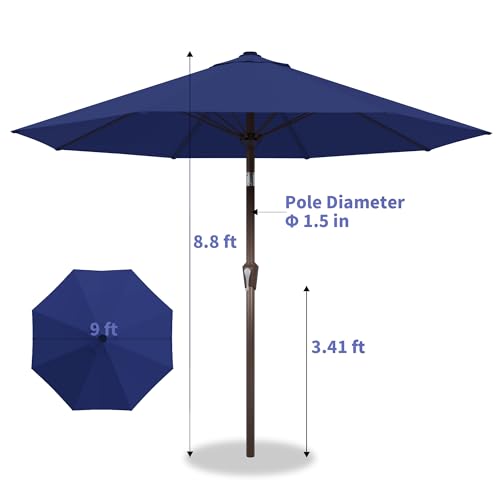Kingdura 9FT Outdoor Patio Umbrella, Market Table Umbrella with Push Button Tilt & Crank, 8 Sturdy Ribs, UV Protection for Garden Lawn Deck Backyard Pool (Navy blue) - color: Blue, size: 9 Ft