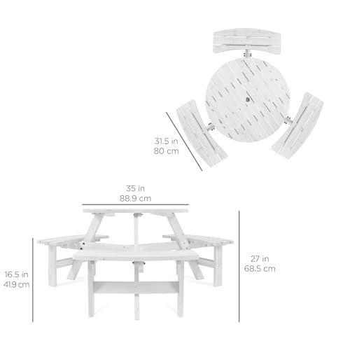Best Choice Products 6-Person Circular Outdoor Wooden Picnic Table for Patio, Backyard, Garden, DIY w/ 3 Built-in Benches, 500lb Capacity - White - color: White