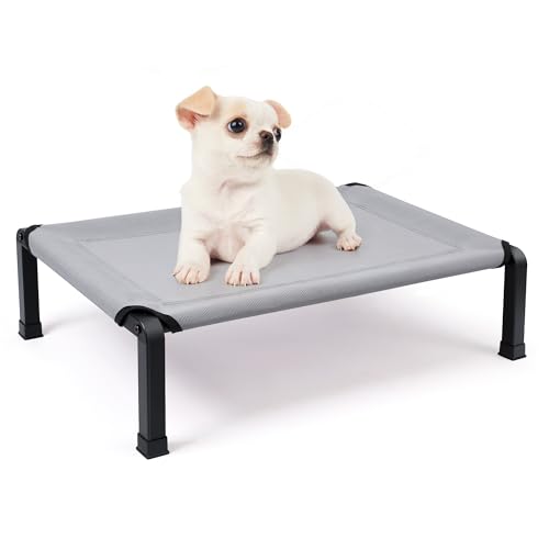 Heeyoo Elevated Dog Bed, Cooling Raised Pet Cot with Chew Proof Mesh Fabric and Steel Frame, Portable Dog Cot Bed with No-Slip Rubber Feet for Outdoor Indoor Use - color: Grey, size: 26"L x 17"W x 7"H