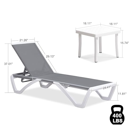 PURPLE LEAF Patio Chaise Lounge Chair Set of 3 Outside Aluminum Plastic Stackable Tanning Chairs for Pool Sunbathing Beach Deck Outdoor Lounger, Grey - color: Grey, style: 2 chairs + 1 table