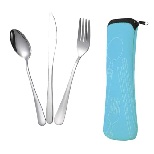 GLEAVI Stainless Steel Cutlery Set 3pcs Portable Fork Spoon Knife Tableware with Blue Carry Bag for Camping Picnic Outdoor Dining