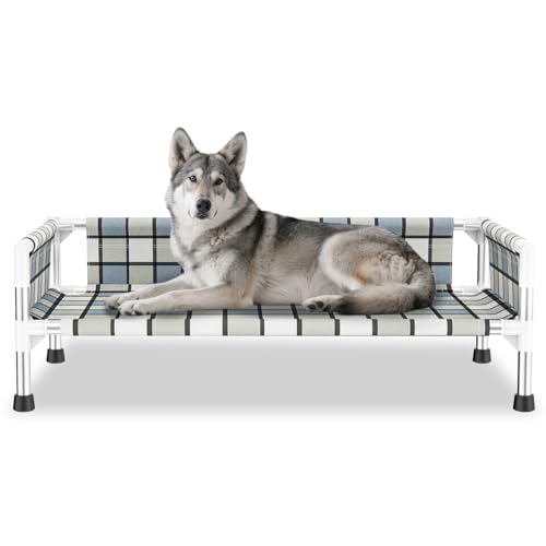 Elevated Raised Outdoor Dog Bed - Cooling Washable Dog Cot with Guardrail, Durable & Breathable Cotton Mesh Pet Hammock Beds with Stainless Steel Pipe Frame for Medium Pets (34'' x 20'' x 12'') - size: 34'' x 20'' x 12''