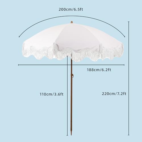 Rayjee 6.5FT Patio & Beach Umbrella with Fringe, Outdoor Sun Umbrella with Tilt & Adjustable Height, Aluminum Pole Market Umbrella for Garden, Deck, Pool & Beach - color: Blue and white stripes