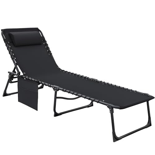 Flamaker Foldable Chaise Lounge Chair 5-Position Adjustable, Tanning Chair with Side Pocket, Outdoor Sunbathing for Pool, Beach, Patio, Lawn, Indoor Recliner Chair for Napping(Black, 1 Pcs) - color: Black, style: Normal, 1 Pcs