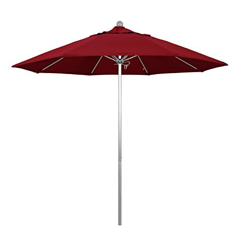 California Umbrella 9' Round Aluminum/Fiberglass Umbrella, Push Open, Silver Pole, Olefin Red Fabric - color: Red