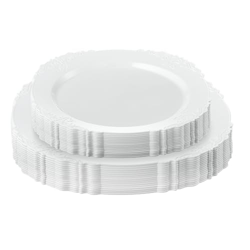 PLASTICPRO 32 Pack Elegant Disposable Plastic Plates Combo Set Includes 16 Dinner Plates and 16 Salad Heavy Duty Fancy Party Plates White Embossed Victorian Design - color: White Embossed