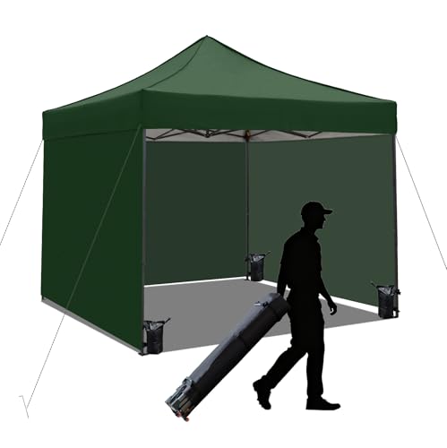 10x10 Pop up Canopy Tent with Sidewalls,Heavy Duty Waterproof Sun Shade Canopy Easy up Canopy with Wheel Bag Commercial Gazebo Tent for Outdoors Parties Vendors Camping Beach(Dark Green) - color: Dark Green