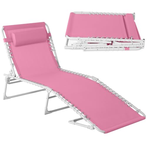 Best Choice Products Patio Chaise Lounge Chair, Portable Outdoor Folding Recliner for Lawn, w/ 8 Positions, Handles, 300lb Capacity - Carnation/White - color: Carnation/White