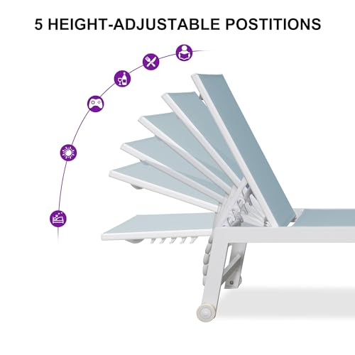 PURPLE LEAF Lounge Chair Outdoor Set of 2 White Aluminum Lounge Chair with Wheels and Table Outdoor Chaise Lounges for Patio Pool Yard, Steel Blue - color: Steel Blue, style: Standard Inclining-leg