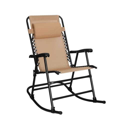 Amazon Basics Outdoor Portable Folding Rocking Chair with Headrest, Ergonomic Design, Weather-resistant Patio Reclining Lounge Chair for Porch, 33.6 x 37.4 x 26 inch, Beige - color: Beige