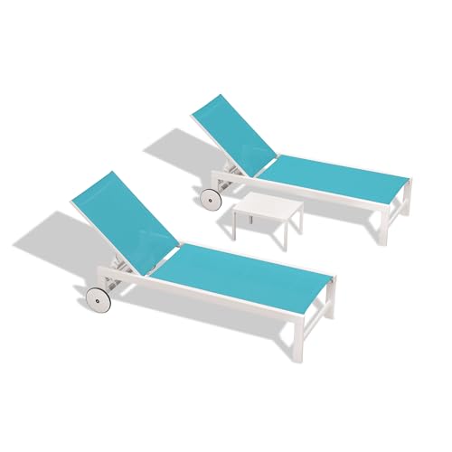 PURPLE LEAF Outdoor Lounge Chairs Set of 2 White Aluminum Chaise Lounge Chair Five-Position Adjustable Chaise Lounges with Wheels and Table for Pool Deck Patio, Turquoise - color: Turquoise, style: Standard Straight-leg