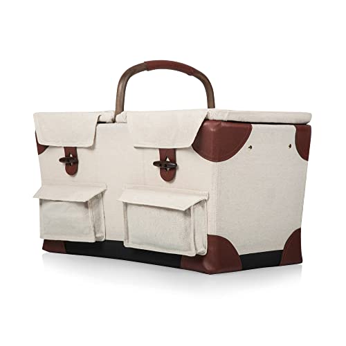 PICNIC TIME Pioneer Deluxe Picnic Basket, Romantic Vintage Wood-Framed Basket Covered in Canvas, Complete Deluxe Service for Two with Water-Resistant Bottom and Two Lids, (Beige Canvas)