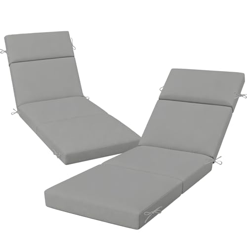 2 Pcs Outdoor Chaise Lounge Cushion 72" x 21" x 3", 4-Section Folding Patio Lounge Chair Cushion with Ties, Waterproof & Fade Resistant Replacement Cushion for Pool, Patio, Deck (Grey, 2 Pcs) - color: Grey, size: 2 Pcs