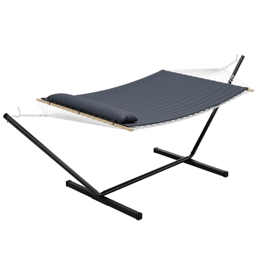 2 Person Double Hammock with Iron Frame Stand,475Lb Capacity,Portable Rope Hammock for Garden, Camping, and Relaxation, Dark Grey - color: Dark Gray (Flat)