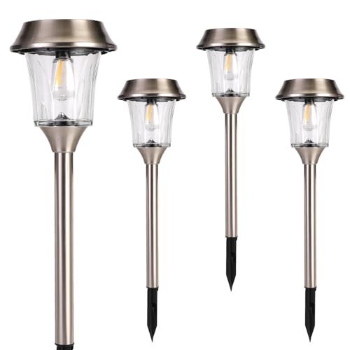 Solar Pathway Lights Outdoor 4 Pack, Stainless Steel & Glass Solar Garden Lights, Auto Dusk to Dawn IP65 Waterproof LED Path Lights for Yard, Lawn, Walkway, Driveway - color: Silver