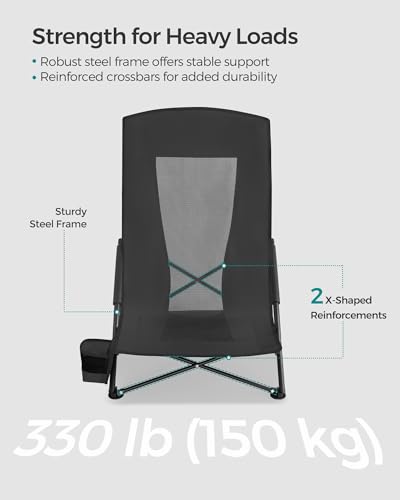 SONGMICS Set of 2 Portable Beach Chairs for Adults, Max. Load 330 lb Each, High Backrest, Cup Holder, Lightweight, Heavy-Duty, Black UGCB067B01V1 - color: Black, style: 2 Pack
