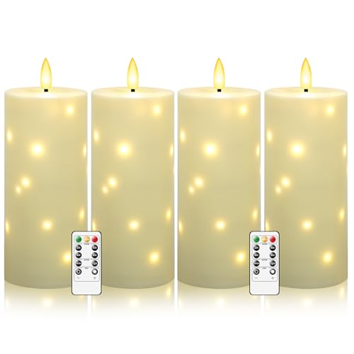 kakoya 10" x 4" Large Outdoor Waterproof Flickering Flameless Candles with Timer,4Pcs Battery Operated LED Pillar Candles with Embedded Star String for Outdoor Lanterns,Porch,Patio Decor(Ivory) - color: Ivory, size: 4PCS-D4"xH10"