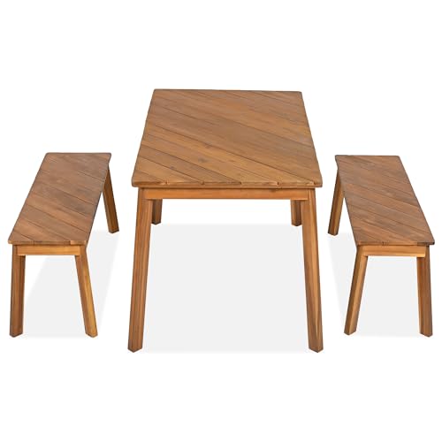 3 Pieces Acacia Wood Table with 2 Benches Dining Set Outdoor Indoor Furniture, Picnic Beer for Patio, Porch, Garden, Poolside - Natural