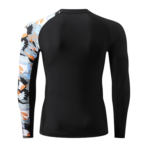 HUGE SPORTS Men's Rash Guard Long Sleeves UPF 50+ UV Sun Protection Quick Drying Splice Compression Swim Shirts - color: Camo Black, size: Large