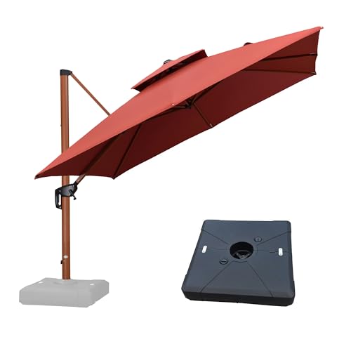 PURPLE LEAF 10ft Patio Umbrella with Base Outdoor Square Umbrellas Large Cantilever Umbrella Windproof Offset Umbrellas Heavy Duty Sun Umbrella for Garden Deck Pool Patio, Brick Red - color: Brick Red, size: 10'X10', style: Base Included