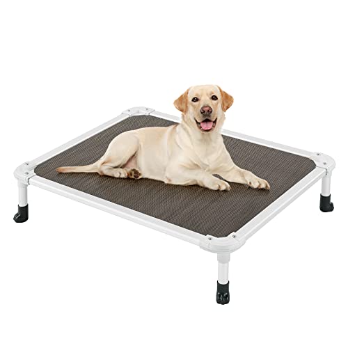 Veehoo Chew Proof Elevated Dog Bed - Cooling Raised Pet Cot - Silver Aluminum Frame and Durable Textilene Mesh Fabric, Unique Designed No-Slip Feet for Indoor or Outdoor Use, Brown, Medium, CWC2003 - color: Brown, size: 32.0"L x 25.0"W x 7.0"Th