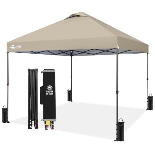 CROWN SHADES 10x10 Pop Up Canopy Tent - Patented Center Lock One Push Instant Outdoor Canopy Beach Tent with STO-N-Go Bag 8 Stakes & 4 Sand Bags，Khaki - style: Khaki