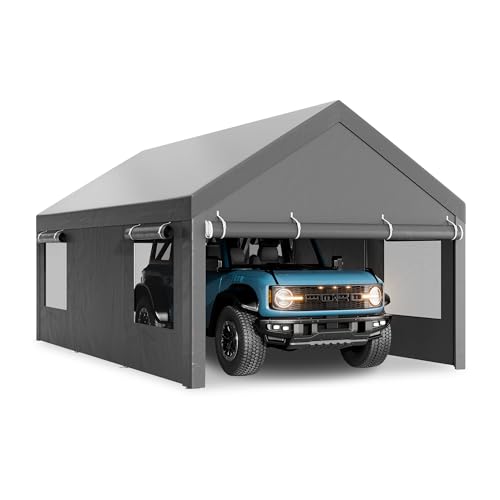 Walsunny Carport, 12x20 ft Heavy Duty Carport Canopy with Roll-up Windows, Portable Garage with Removable Sidewalls & Doors, Car Canopy with All-Season Tarp for Car, Truck, Boat
