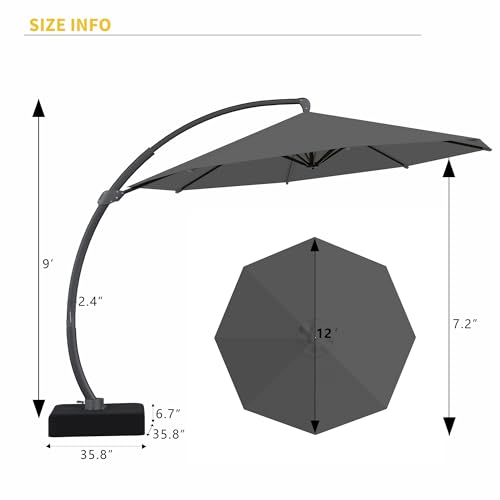 Kingdura 12ft Offset Cantilever Patio Umbrella with Base Included, Large Round Aluminum Outdoor Umbrella, 360° Rotation & Infinite Tilt, Heavy Duty Frame for Deck Pool Backyard, Grey - color: Grey, size: 12 FT