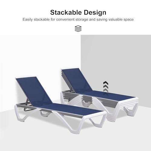 PURPLE LEAF Patio Chaise Lounge Chair Set of 3 Outside Aluminum Plastic Stackable Tanning Chairs for Pool Sunbathing Beach Deck Outdoor Lounger, Navy Blue - color: Navy Blue, style: 2 chairs + 1 table