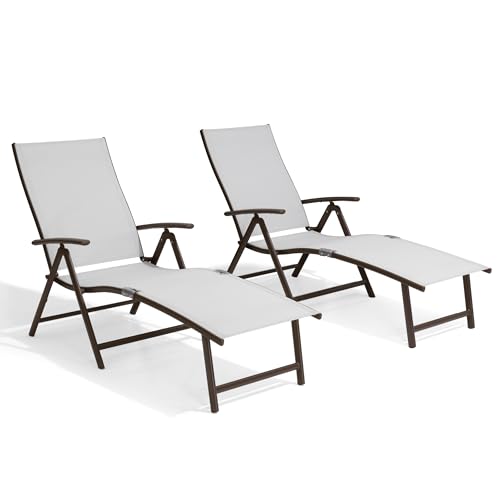 Crestlive Products 2PCS Chaise Lounge Chair Outdoor with 1PC Side Table, Aluminum Folding Patio Recliner Chair, Adjustable 8 Positions Assemble-Free - color: Light Gray, size: 2 Pcs