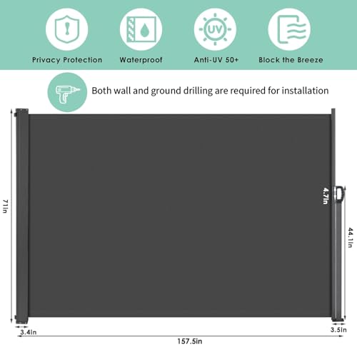 LIFERUN 157.5" x 71" Side Awning, Patio Retractable Side Screen Awning, UV Resistant, Waterproof, Patio Privacy Screen for Garden, Balcony, Courtyard - size: 157.5" x 71"