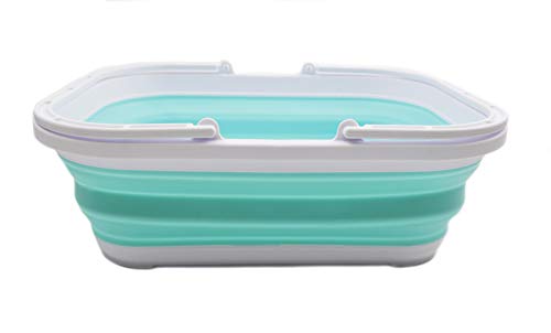 SAMMART 12L (3.17 Gallon) Collapsible Tub with Handle - Portable Outdoor Picnic Basket/Crate - Foldable Shopping Bag - Space Saving Storage Container (1, White/Lake Green) - color: White/Lake Green