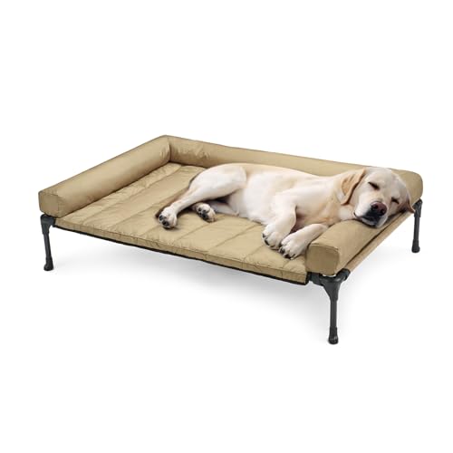 Veehoo Cooling Elevated Dog Bed Add Removable Waterproof Bolster Cushion Mat, Raised Pet Cot with Breathable Teslin Mesh, No-Slip Feet, Dog Couch Bed for Indoor Outdoor, 42x30inches, Beige, CWC2331B - color: Beige Coffee, size: 42.0"l X 30.0"w X 7.0"th