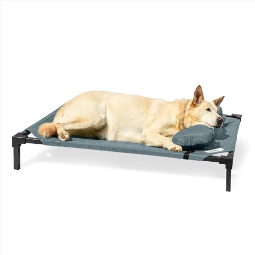 Coolaroo Pro Elevated Dog Bed with HeatShield Fabric – Advanced Cooling Raised Cot for Small & Medium Breeds, Easy-Clean, Low-to-Ground Access, Bonus Bolster Pillow – Pacific Crest Blue - color: Pacific Crest Blue, size: Medium