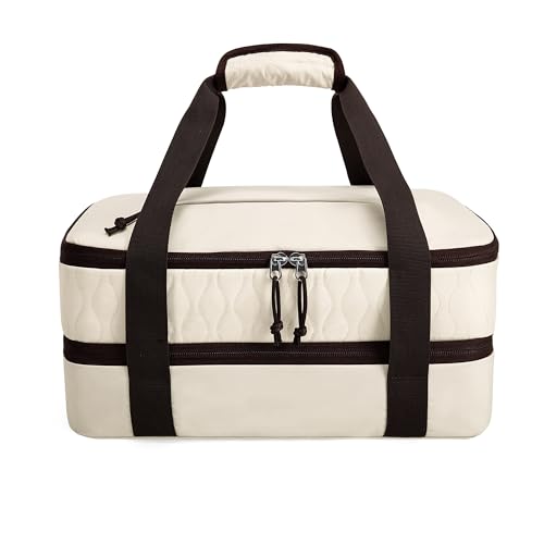 Trunab Insulated Casserole Carrier for Hot or Cold Food, Double Thermal Food Containers, Fit 9x13 Inches Baking Dish Foil Pans, For Picnic Cookouts, Potluck Parties, Beach,Beige (Beige) - color: Beige