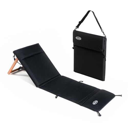 Wacho Outdoor Folding Beach Chair – Ultralight Reclining with Adjustable Wooden Backrest, Foam Padding & Water-Resistant Recycled Fabric – Portable Lounge Chair for Beach, Camping, Picnic – Black - color: Black