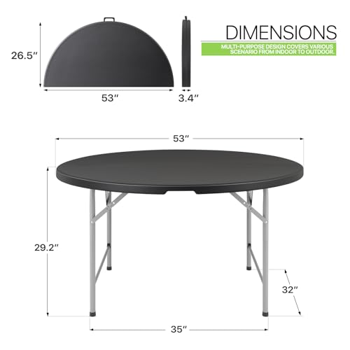 Magshion 53" Round Folding Table, 4.5 Feet Bi-Folding Plastic Commercial Dining Card Table w/Carrying Handle for Outdoor Wedding Party Event Picnic, Black - color: Black, size: 4.5Ft