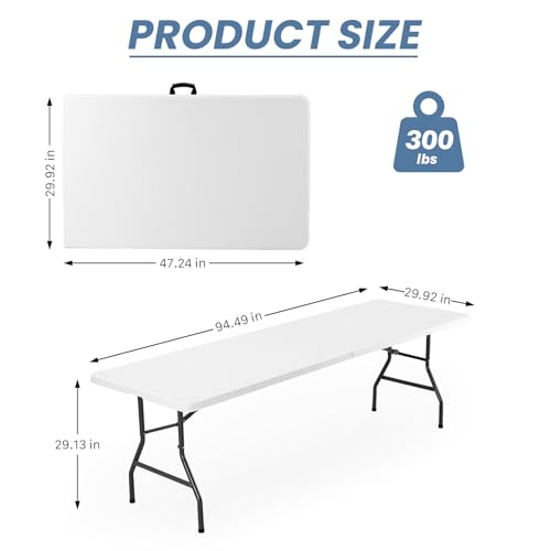 DUMOS 8 Feet Folding Picnic Table, Plastic Table with Carrying Handle, Heavy Duty Portable Table for Camping Party, White - color: White, size: 8 FT