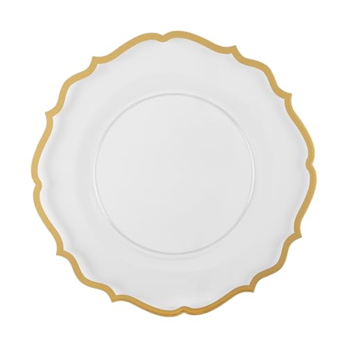 PLASTICPRO 32 Pack Elegant Disposable Plastic Plates Combo Set Includes 16 Dinner Plates and 16 Salad Plates Heavy Duty Fancy Party Plates Clear & Gold Contemporary Design - color: Clear & Gold Contemporary