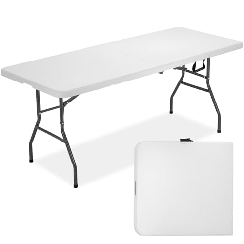 FDW 6 Foot Outdoor Dining Table, Foldable Portable Rectangular Plastic Folding Table with Built in Carrying Handle for Party and Wedding Use, White - color: White, size: 6 FT