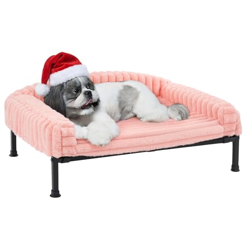 Veehoo Elevated Dog Bed with Bolster Cushion, Fluffy Plush Dog Couch Beds for Small Dogs, Cats, Washable Raised Pet Cot with Non-Slip Feet for Indoor or Patios Use, 30 x 20 Inches, Pink - color: Pink, size: 30.0"L x 20.0"W x 8.3"Th
