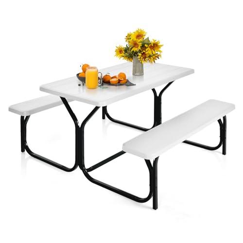 MEDIMALL Picnic Table, Portable Picnic Tables with Benches, Plastics Picnic Table Bench Set with Metal Frame & All Weather Tabletop, Large Camping Picnic Table for Outdoors, Backyard, Garden (White) - color: White