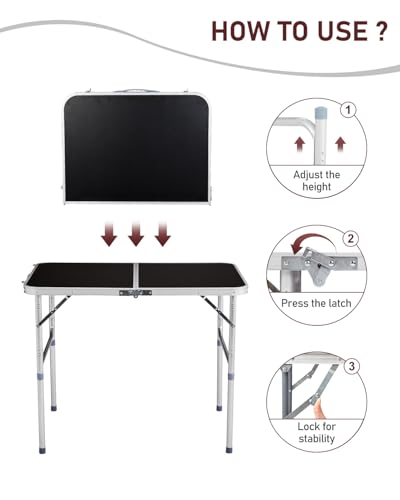Outvita 3ft Portable Folding Camping Table, Outdoor Waterproof Adjustable Height Table, Aluminum Lightweight Suitcase Foldable Table for Picnic BBQ Beach Dining - color: Black, size: 35*24*28
