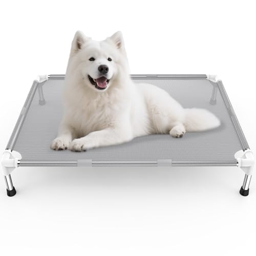 Elevated Dog Bed with Teslin Cooling Fabric - Lightweight Dog Cot for Large Dogs, Waterproof & Washable Breathable Mesh, Raised Pet Bed for Indoor Outdoor Use, Anti-Slip, Easy Clean - size: L-Gray