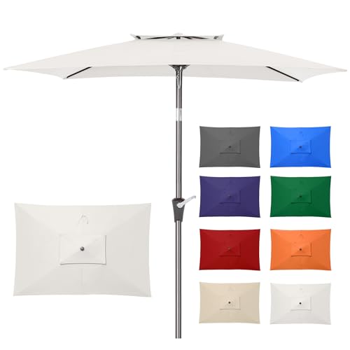 6.6 x 10 ft Rectangular Patio Umbrella, Outdoor Market Table Umbrella with Push Button Tilt and Crank, Double-Tier Vent, 6 Ribs, Rectangle Patio Umbrella for Backyard, Deck, Pool, Fits 4–6 Chairs and Tables (White) - color: White