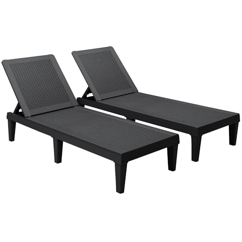 Devoko Outdoor Chaise Lounge Chair Set of 2 for Outside Pool Patio, Adjustable Waterproof Easy Assembly Chaise Lounge Outdoor (Black, Set of 2) - color: Black, size: 75 in Depth