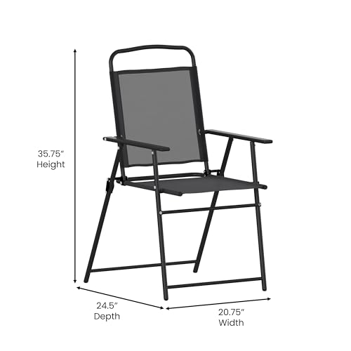 Flash Furniture Mystic Folding Patio Sling Chairs, Outdoor Textilene Lawn Chairs with Armrests, Set of 2, Black - color: Black