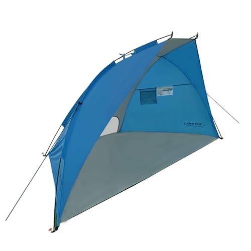 BS-002 Outdoor Portable Canopy Beach Waterproof Windproof Shelter Sun Shade Tent with 2 Mesh Sand Pockets, Carry Bag, and Stakes, Blue